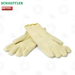 Cream-colored knitted work gloves stacked on a white background, showing their textured fabric and ribbed cuffs.