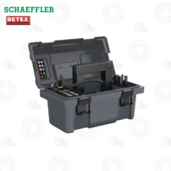 Open gray tool box with a black diagnostic unit and a coiled cable for maintenance testing; Schaeffler and BETEX logos visible.