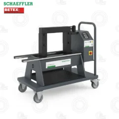 Mobile hydraulic press brake mounted on a four-wheeled stand with a control panel on the right and an emergency-stop button.