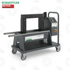 Portable industrial heater press on a wheeled cart with a right-side control panel and emergency stop button