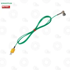 Green two-ended sensor probe with yellow 2-pin plug for connection; metal sensor head on opposite end, likely a temperature/pressure sensor lead.