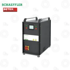Portable control unit with a touchscreen, status lights, and a red emergency stop; dark metal case with top handles and visible Schaeffler and Betex logos