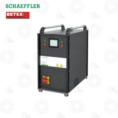 Portable electrical control unit with touchscreen display, two green/red indicator buttons, carrying handles, and a large red emergency stop on the front panel.