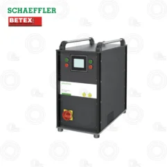 Industrial control unit with touchscreen display, green and red control buttons, and a red emergency stop at the front (portable device).