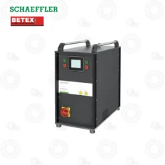 Portable control unit with a touchscreen display, green and red indicator buttons, and a red emergency stop on a black metal frame with carrying handles.
