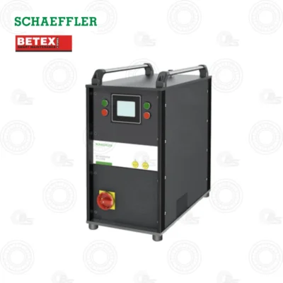 Schaeffler MF-GENERATOR 25-GENERATOR 22 kW 450V Medium-Frequency Induction Heating Generator | E-Shop Bearings Specialist Industrial maintenance device with touchscreen control panel, green and red buttons, and a red emergency stop on a metal frame with handles on top.