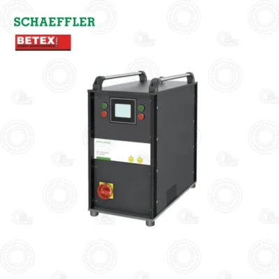 Schaeffler MF-GENERATOR 25-GENERATOR 22 kW 500V Medium-Frequency Induction Heating Generator | E-Shop Bearings Specialist อุปกรณ์ทดสอบทางอุตสาหกรรมแบบพกพา พร้อมจอแสดงผลดิจิทัล ปุ่มควบคุมสีเขียวและสีแดง และปุ่มหยุดฉุกเฉินสีแดง บนโครงโลหะสีดำ พร้อมหูหิ้วด้านบน