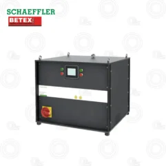 Industrial control unit with a touchscreen display and status indicator lights in a gray enclosure, featuring a large red emergency-stop at the bottom left; branded by Schäffler and BETEX.