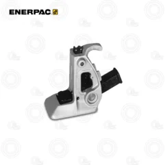 Metal handheld clamp with a curved jaw and black textured handles on a white background.