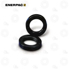 Two black circular threaded metal rings (ring adapters) on a white background, one standing upright and the other lying flat, Enerpac branding nearby.
