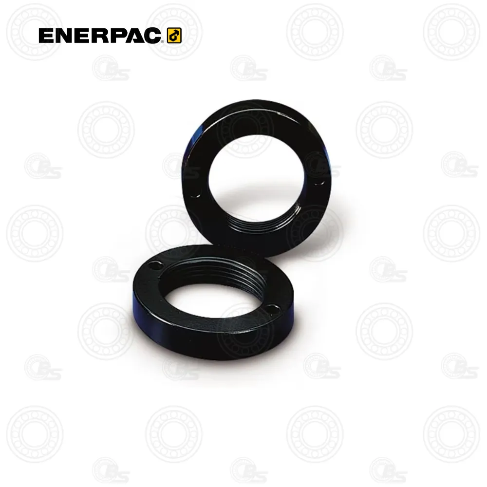 Enerpac BAD143 4-Ton Retainer Nut | E-Shop Bearings Specialist Two black circular threaded metal rings (ring adapters) on a white background, one standing upright and the other lying flat, Enerpac branding nearby.