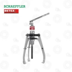 Hydraulic gear puller with three-armed steel frame and long handle, Betex 12T, shown with Schaefler and Betex branding on a white background.