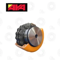 Close-up of a metallic toothed mechanical part with an orange rim; a red-on-black logo panel sits to the left, with faint circular bearing patterns in the background.
