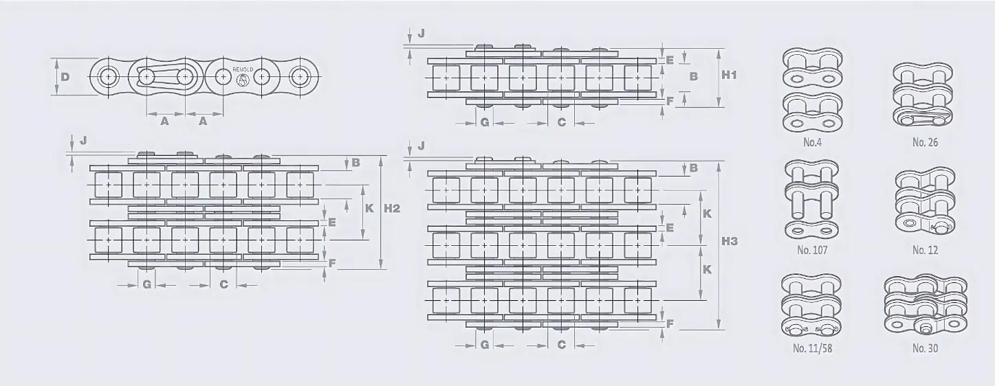 Drawing Renold SD Roller Chain-BS_shop bearingsspecialist | E-Shop Bearings Specialist Technical blueprint of a roller chain with side and top views and labeled dimensions A–K and J, showing multiple sizes on the right mind maps style.