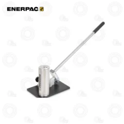 Enerpac hydraulic press with a stainless vertical cylinder and a long metal lever on a black base, used to apply controlled force.