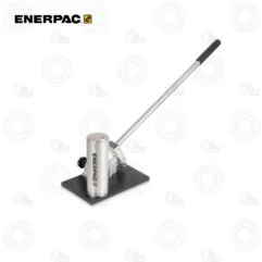 Enerpac manual lever hydraulic press on a black base with a long silver handle and black grip.