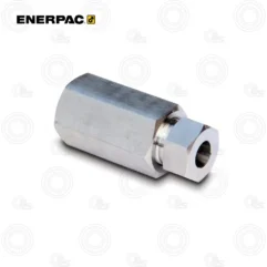 Enerpac metal hydraulic adapter fitting with a hexagonal front and hollow central bore used for connecting hydraulic hoses or tools.