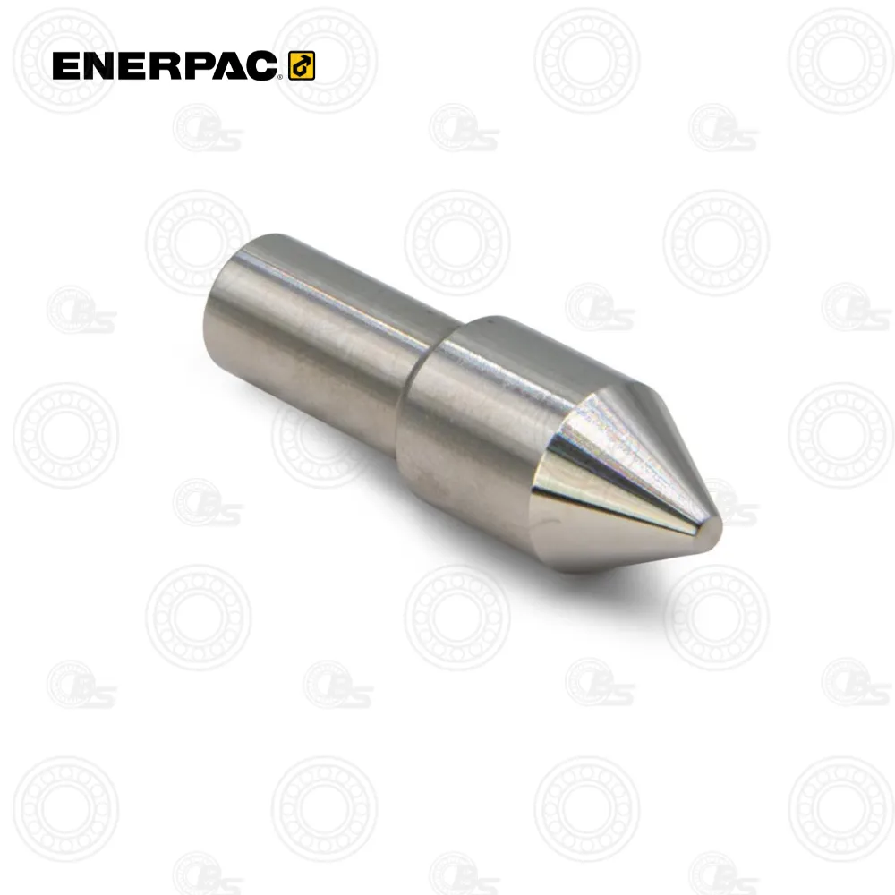 Enerpac 43001 Gland Nut Plug, 3/8" Cone | E-Shop Bearings Specialist Metal cylindrical tool tip with a sharp conical point, used for centering or aligning during machining.