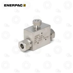 Enerpac model 43-301 hydraulic valve block with top adjustment knob and dual side ports, rated 60,000 psi.
