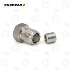 Enerpac 43701 Gland Nut w/ Sleeve, 3/8" Cone | E-Shop Bearings Specialist Enerpac hydraulic adapter fitting: a hexagonal nut with male threads and a separate small threaded cylindrical sleeve.