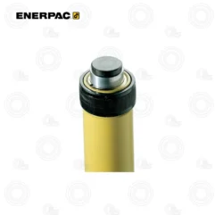 Enerpac A102F Snap-In Flat Saddle | E-Shop Bearings Specialist Close-up of a yellow Enerpac hydraulic cylinder end, showing a black knurled cap and a silver pist-on cap/plunger.