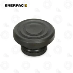 Enerpac A102G Snap-In Grooved Saddle | E-Shop Bearings Specialist Black rubber circular cap with concentric rings, a small push-in plug likely used as a protective cover on machinery.