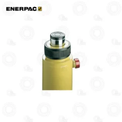 Enerpac A252G 25-Ton Snap-In Grooved Saddle | E-Shop Bearings Specialist Enerpac hydraulic hand pump head with a black knurled collar, silver piston, and red release button on a yellow body.