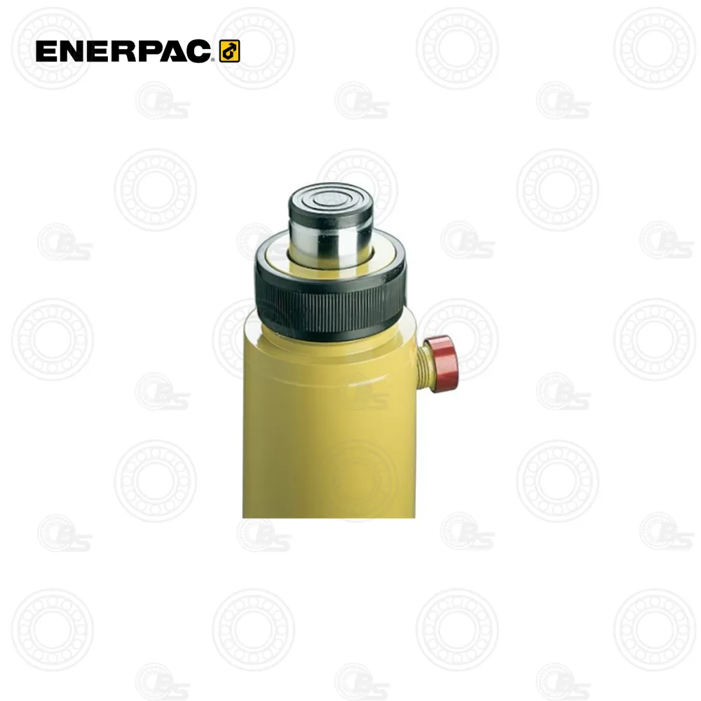 Enerpac A252G 25-Ton Snap-In Grooved Saddle | E-Shop Bearings Specialist Enerpac hydraulic hand pump head with a black knurled collar, silver piston, and red release button on a yellow body.