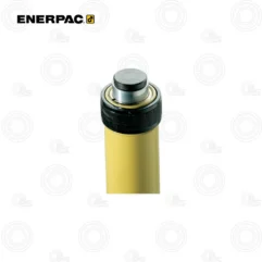 Enerpac hydraulic cylinder actuator with a yellow body and black knurled cap, shown from the top.