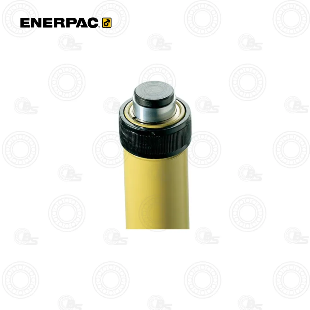 Enerpac A53F Snap-In Flat Saddle | E-Shop Bearings Specialist Enerpac hydraulic cylinder actuator with a yellow body and black knurled cap, shown from the top.