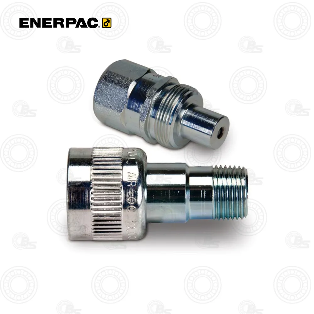 Enerpac A604 Regular 3/8" Spee-D-Coupler | E-Shop Bearings Specialist Two chrome metal hydraulic adapters with threaded ends, one male and one female, on a white background (Enerpac branding visible).