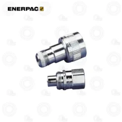 Two chrome hydraulic quick-connect fittings (Enerpac) for connecting hoses or equipment.