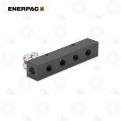 Enerpac black 4-port hydraulic manifold block with four threaded ports and a top mounting hole.
