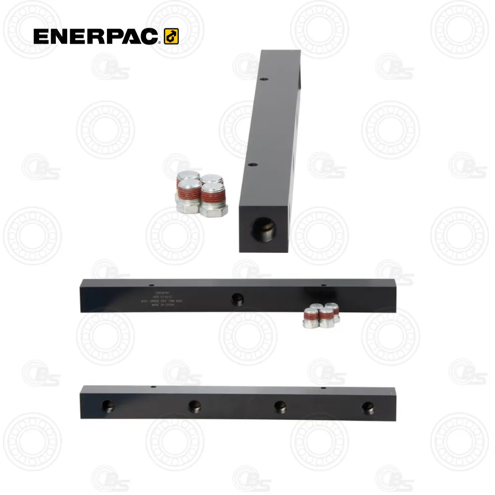 Enerpac A65 Bar Manifold | E-Shop Bearings Specialist Enerpac mounting kit: three black metal bars with holes for pins, plus a set of small red-sealed bolts.