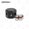 Enerpac A66 Spider Manifold with Six Ports | E-Shop Bearings Specialist Enerpac hydraulic multi-port block with three threaded holes and a central bore, shown with six chrome caps with red seals.