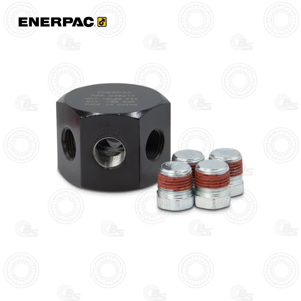 Enerpac A66 Spider Manifold with Six Ports | E-Shop Bearings Specialist Enerpac hydraulic multi-port block with three threaded holes and a central bore, shown with six chrome caps with red seals.