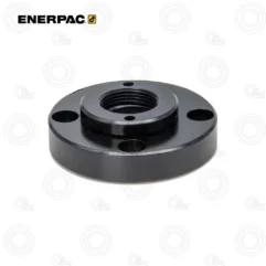 Enerpac AD142 4-Ton Flange Adaptor | E-Shop Bearings Specialist Black metal flange/hub with a central threaded bore and four bolt holes, used for mounting.