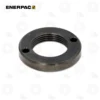Enerpac AD143 4-Ton Retainer Nut | E-Shop Bearings Specialist Round dark metal flange with internal threads and two through-holes; Enerpac flange adapter.