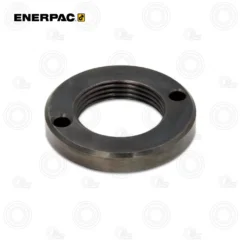 Enerpac AD143 4-Ton Retainer Nut | E-Shop Bearings Specialist Round dark metal flange with internal threads and two through-holes; Enerpac flange adapter.