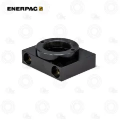 Enerpac AD171 9-Ton Foot Mounting | E-Shop Bearings Specialist Black rectangular bearing housing with a large central threaded bore and two side mounting holes for attachment.