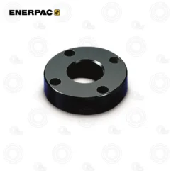 Black circular flange/spacer with a central bore and four small bolt holes around the edge