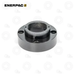 Enerpac flange adapter: black circular flange with inner threaded bore and four bolt holes