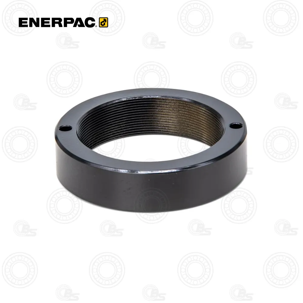 Enerpac AD193 25-Ton Retainer Nut | E-Shop Bearings Specialist Black metal circular ring with internal threads and two small holes on the outer edge.