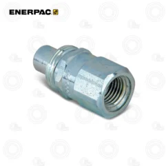 Enerpac metal hydraulic fitting with female internal threads and hexagonal body.