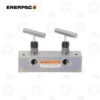 Enerpac AM21 Split Manifold Valve | E-Shop Bearings Specialist Enerpac dual-handle industrial clamp mounted on a metal base with a warning label.
