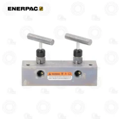 Enerpac dual-handle industrial clamp mounted on a metal base with a warning label.