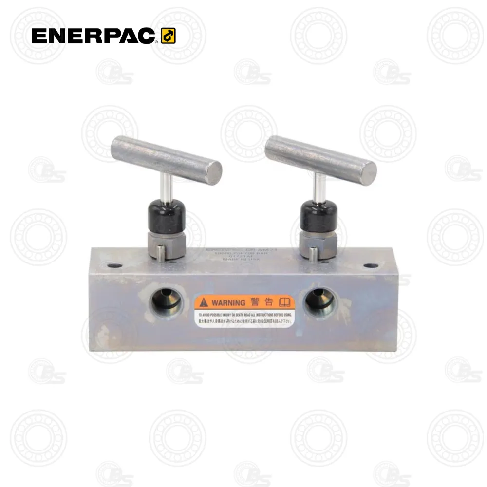 Enerpac AM21 Split Manifold Valve | E-Shop Bearings Specialist Enerpac dual-handle industrial clamp mounted on a metal base with a warning label.