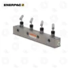 Enerpac AM41 Manifold Valve 4-Way | E-Shop Bearings Specialist Enerpac hydraulic manifold block with four adjustable lever valves for distributing hydraulic flow and four ports for connections.