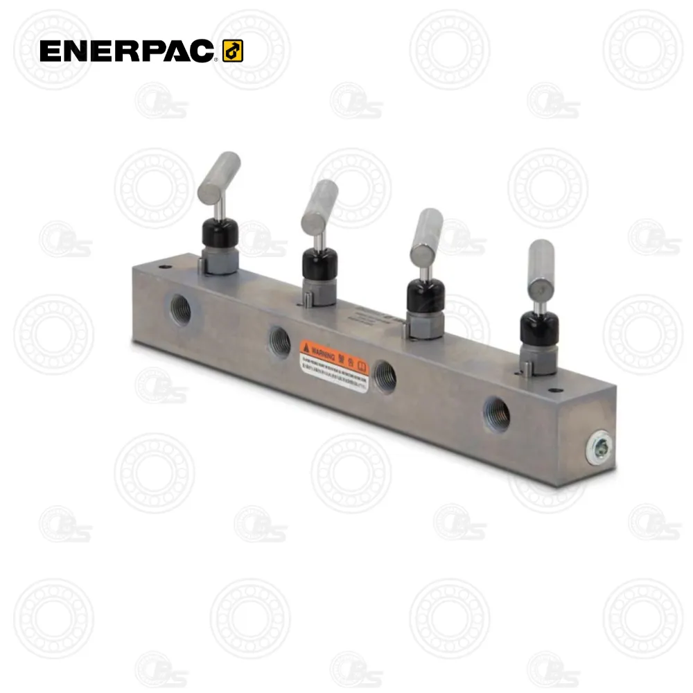 Enerpac AM41 Manifold Valve 4-Way | E-Shop Bearings Specialist Enerpac hydraulic manifold block with four adjustable lever valves for distributing hydraulic flow and four ports for connections.