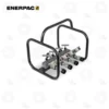 Enerpac AMGC41 Manifold Valve 4-Way Single Acting | E-Shop Bearings Specialist Enerpac hydraulic manifold with four valve levers and four quick-connect outlets mounted on a metal base inside a black square frame